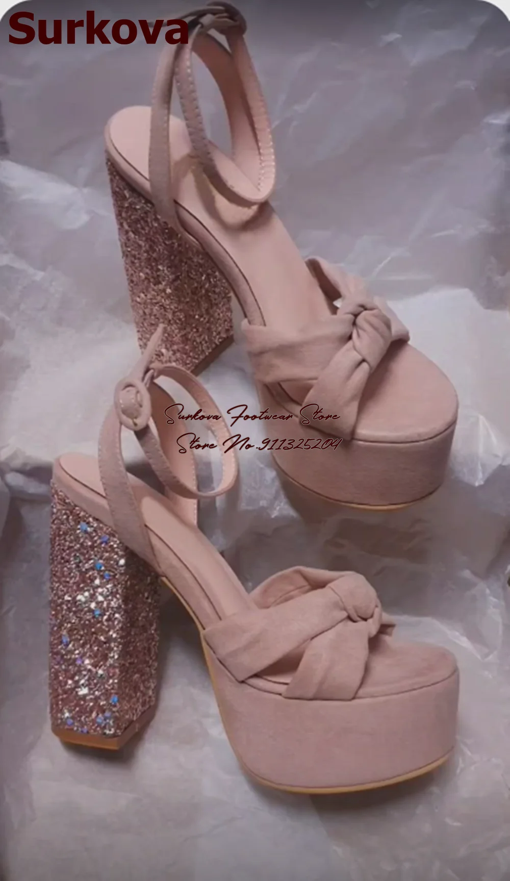 Surkova Fuchsia Pink Sequined Chunky Heel Sandals Platform