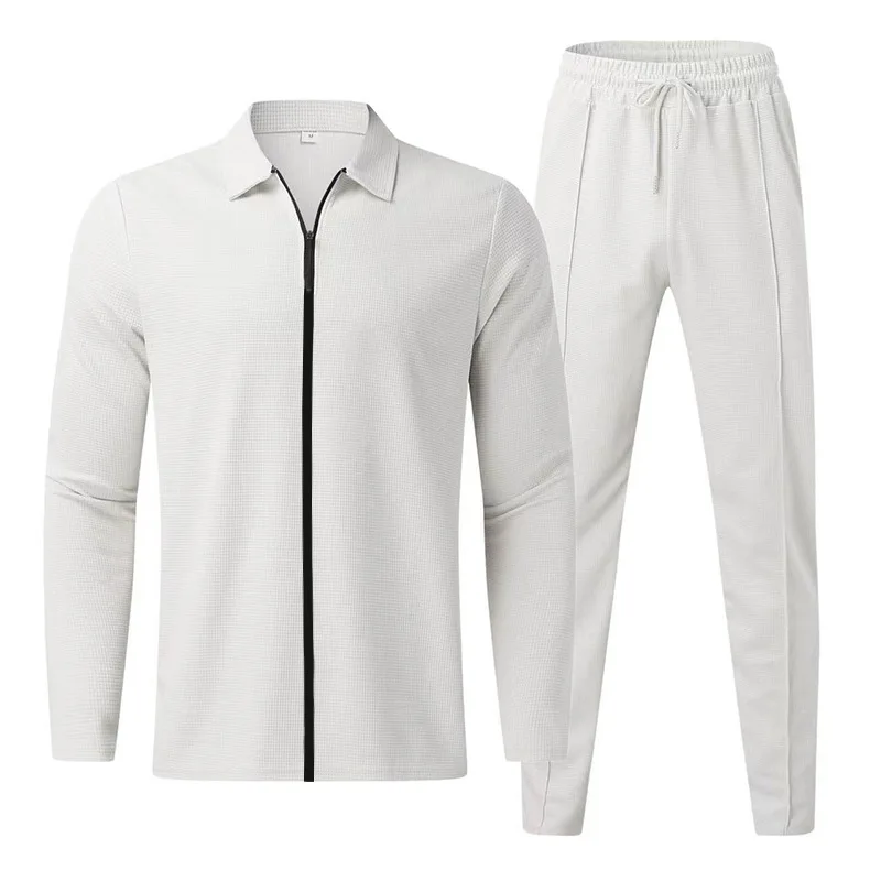 Men's Waffle Long Sleeve Stitching Lapel Fashion Casual Zipper Cardigan Casual Sports Suit