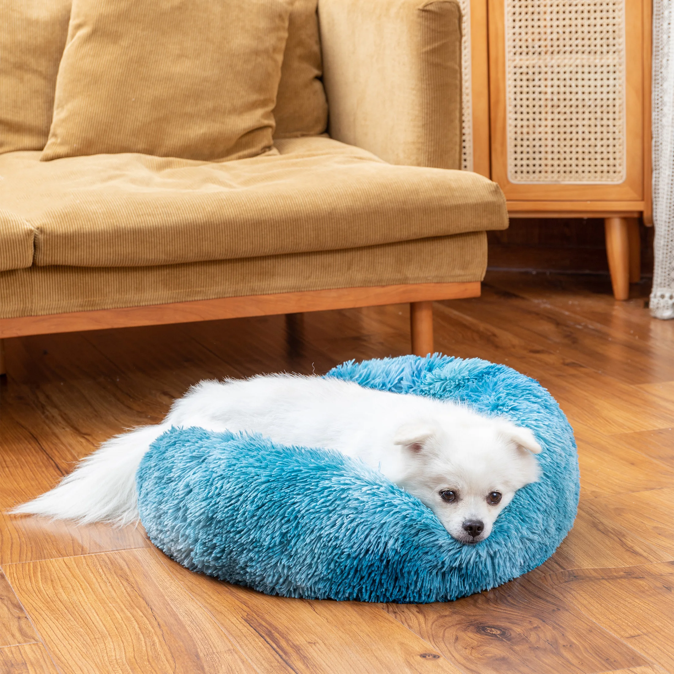 Pet Bed Long Plush Cat Bed Round Donut Anti-anxiety Ped Mat Calming Kennel Warm Outdoor Pet Cat Dog Mat Portable