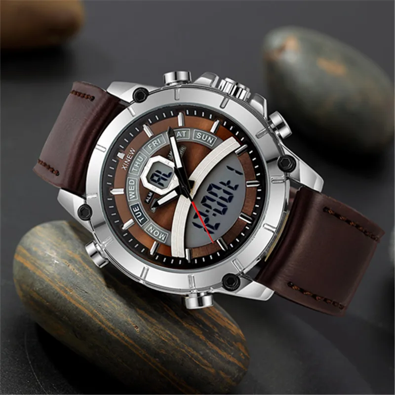 Men Big Brand XINEW Watches Students Fashion Leather Band Sports Multi-function Dual Time Chronograph Watch Relogio Masculino