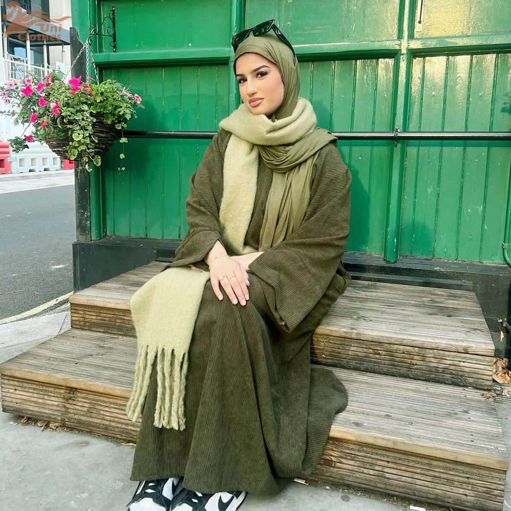 Zahraa Muslim Autumn Winter Corduroy Modest Abaya Turkish Islamic Clothing Jalabiyat Long Sleeve Casual Loose Moroccan Kaftan 5