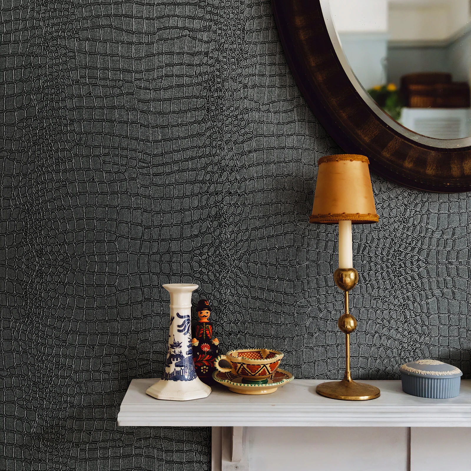 รูปแบบจระเข้สีดําวอลล์เปเปอร์ Self-Adhesive สติกเกอร์กันน้ําความชื้นวอลเปเปอร์ห้องนั่งเล่นห้องนอน Wall Home Decor 1