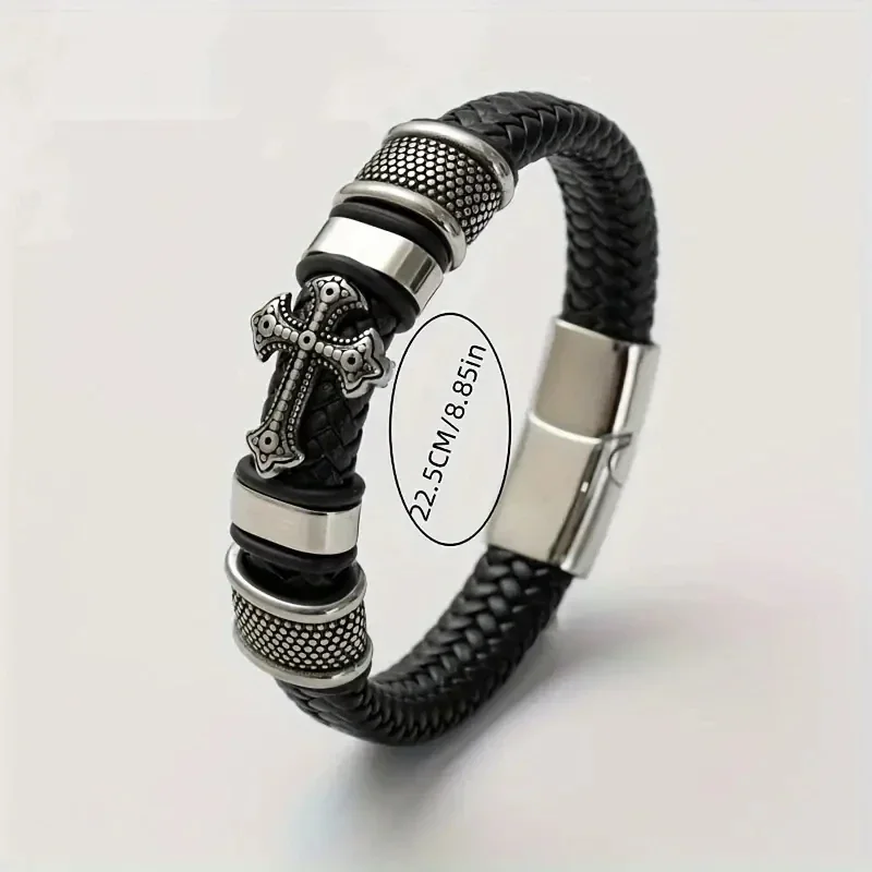 Hand Woven Leather Cross Bracelet Magnetic Clasp Men's Fashion Pendant Religious Amulet Jewelry leather bracelet leather magnetic bracelet