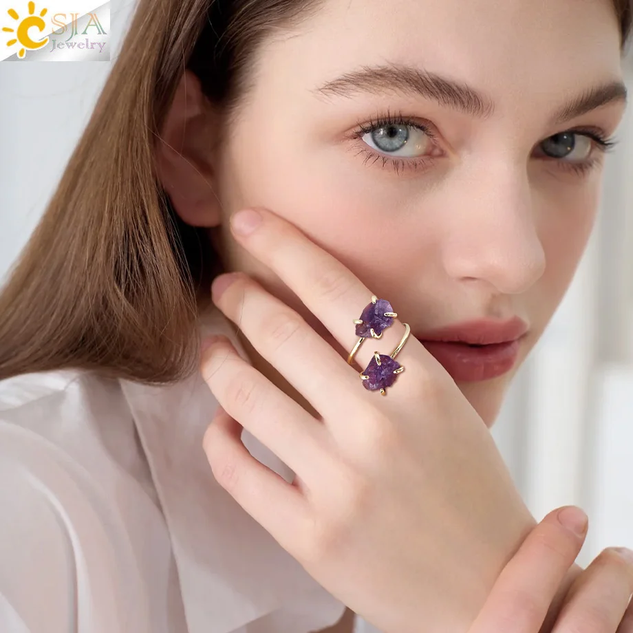 CSJA Irregular Crystal Open Ring Healing Natural Amethysts Citrine Double Gems Stone Claw Finger Rings Jewelry Accessories H584 3