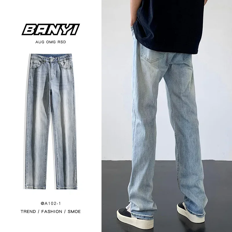Denim retro straight leg casual pants streetwear joggers men clothing