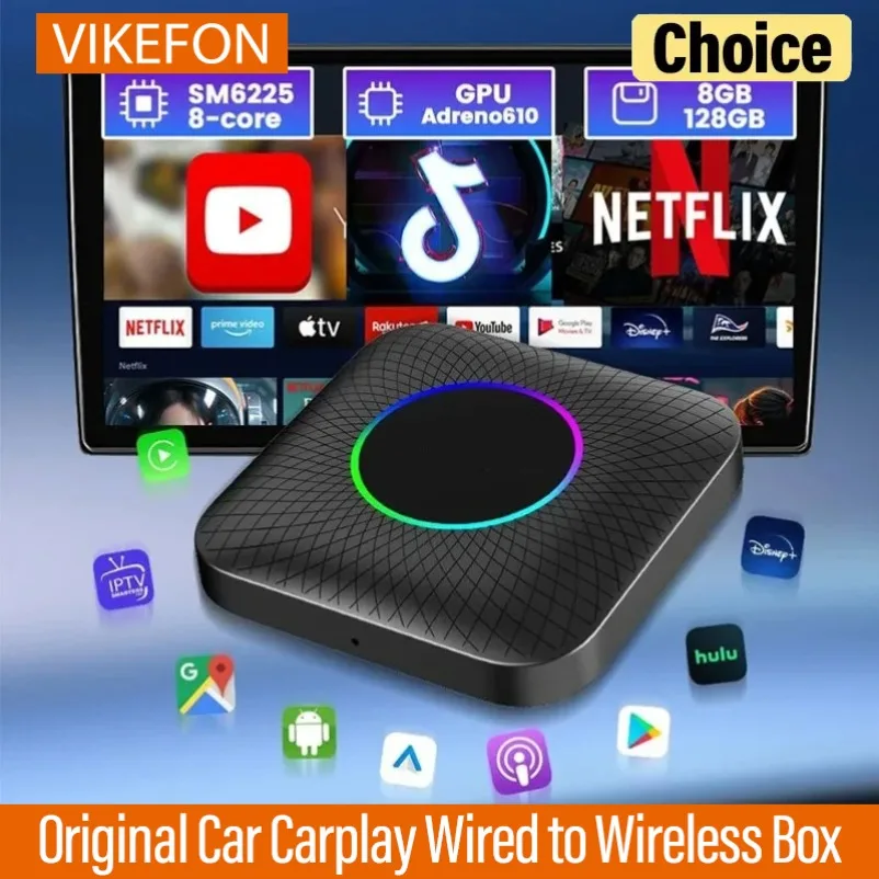 Qualcomm sm6225 Android LED Wireless Carplay Adapter Android 13 Box for Car