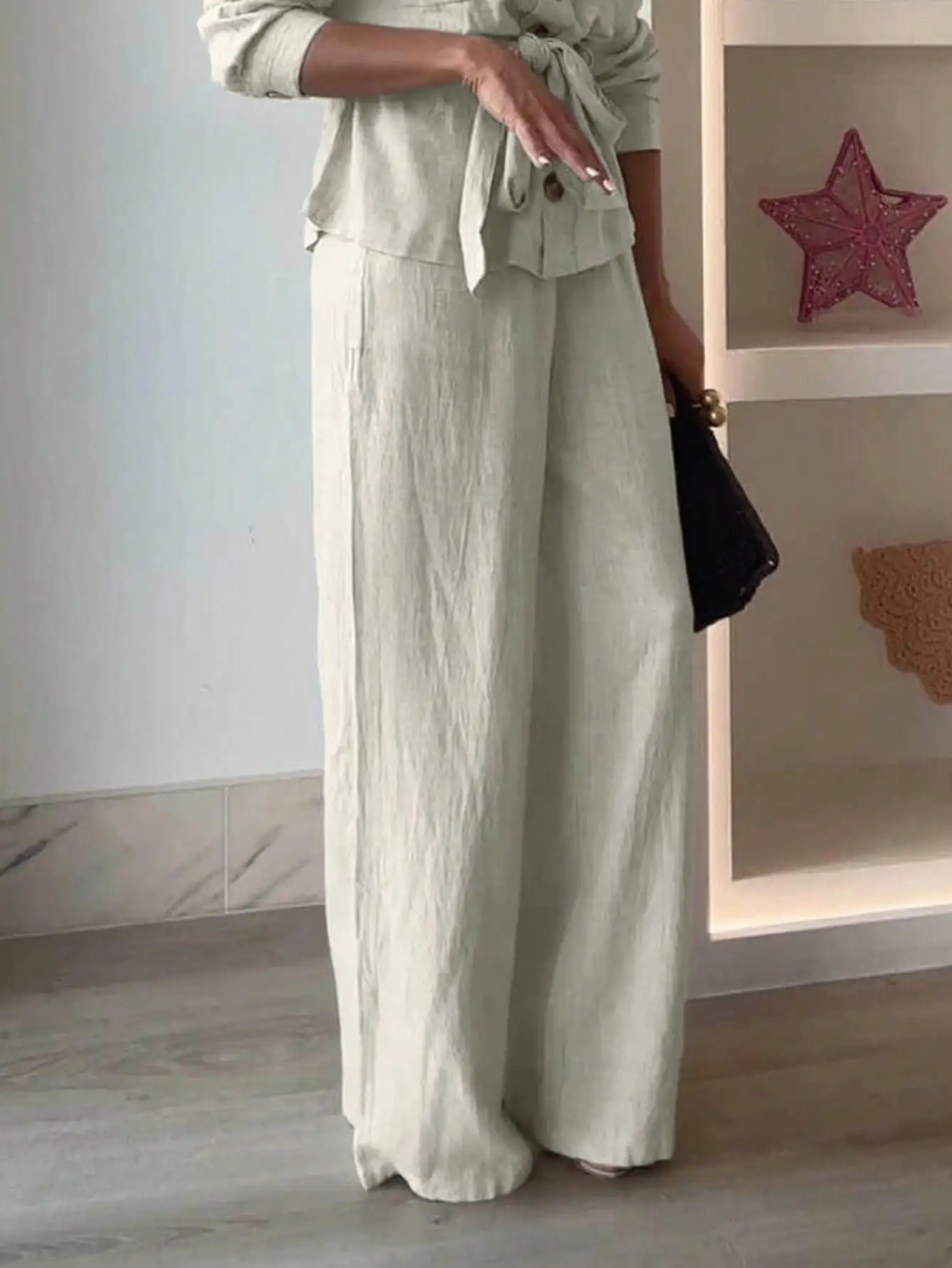 Women's Casual Fashion Retro Long-Sleeved Single-Breasted Elegant Tie-Waist Top and Wide-Leg Pants Work and Party Set - 6
