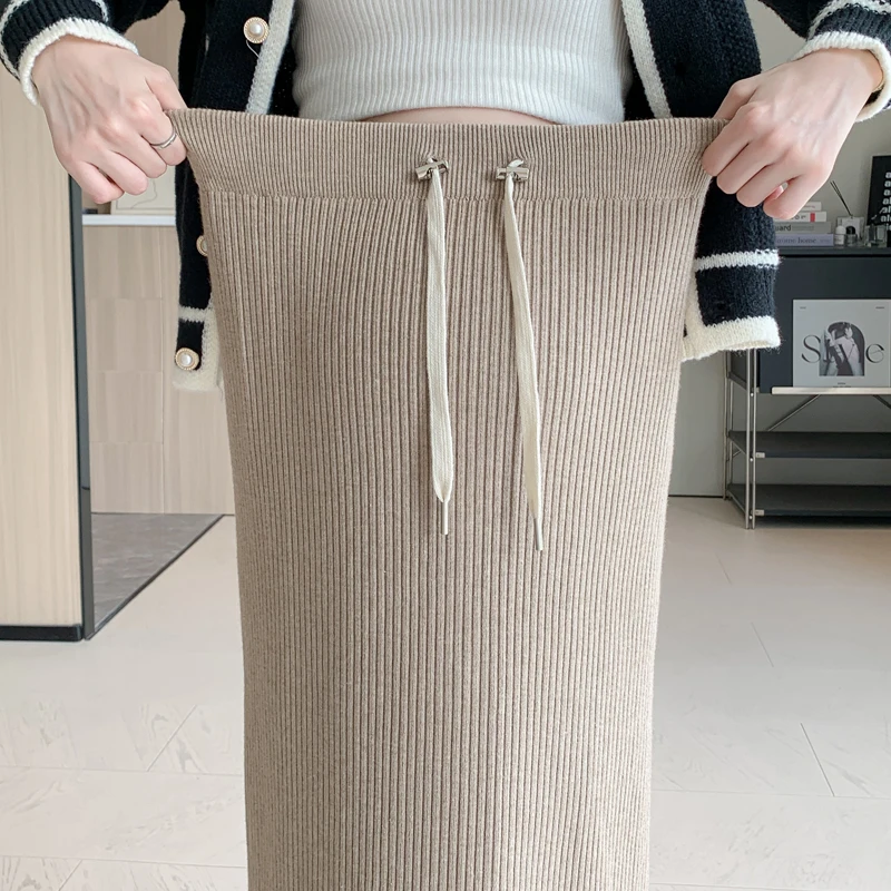 Autumn Winter Thick Knitted Long Skirts Maternity Drawstring Slim Fit Pencil Back Splits Bottoms for Pregnant Women Prgenancy