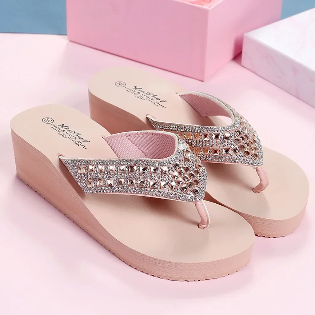 Fashion Rhinestones Slippers Summer Casual Women Wedges Platform Non Slip Flip Flops Classic Women Outdoor High Heel Slippers