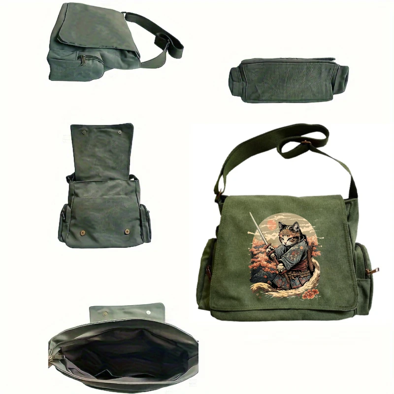 Retro Japanese Style Samurai Cat Print Men's Bag Canvas Large Capacity Crossbody Bag For Men Flap Messenger Bag
