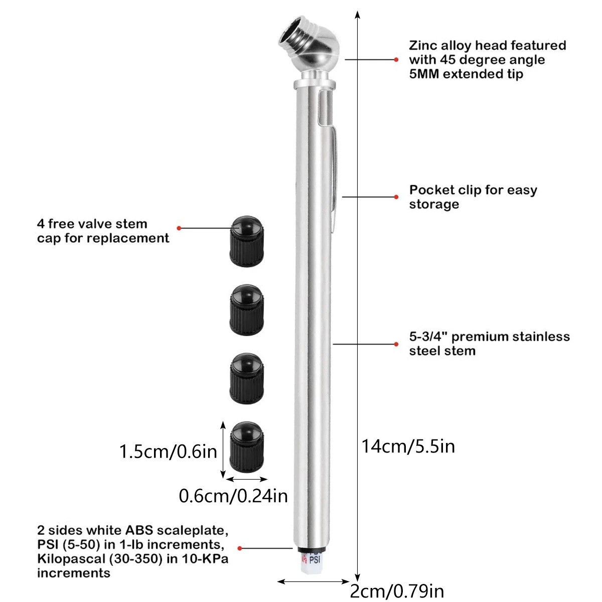 Pencil Tire Pressure Gauge Portable 2 Zinc Alloy Air Pressure Gauge 5-50PSI 0.5-3.5BAR Not Rusting Pen Tire Gauge for Cars Bikes 2