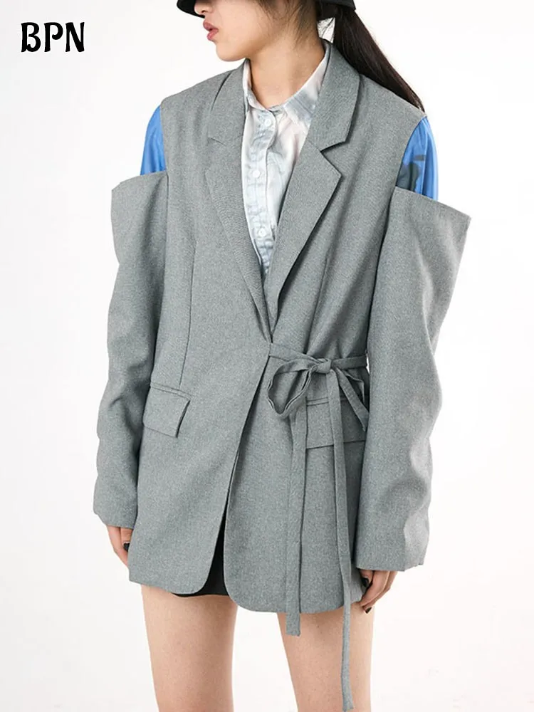 

BPN Hit Color Spliced Lace Up Blazers For Women Notched Collar Long Sleeve Casual Loose Split Blazer Female Fashion Clothing New