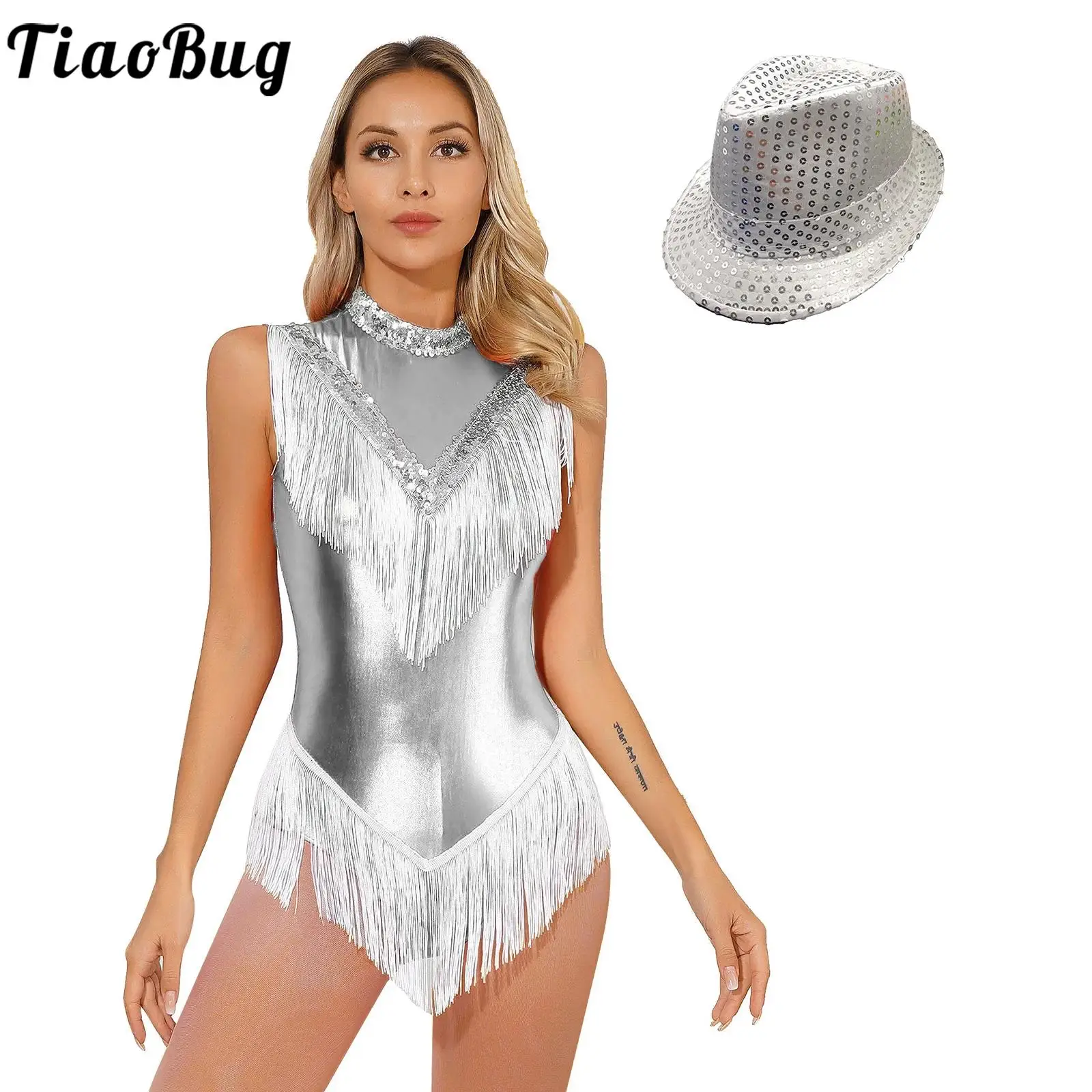 

Womens Shiny Metallic Fringed Latin Dance Costume Leotard Tassel Bodysuit and Hat Jazz Tango Salsa Dancing Performance Costumes