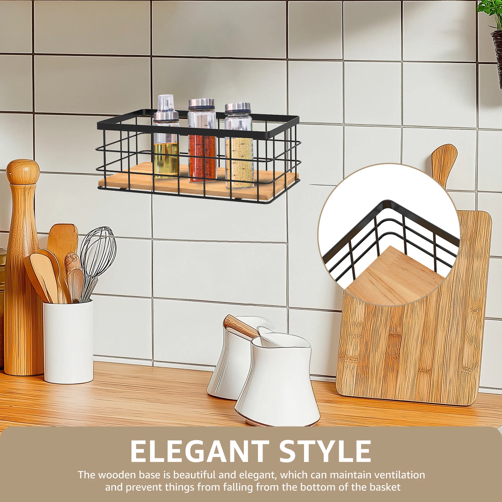 Wall Mounted Metal Storage Holder with Wood Base Toilet Paper Rectangular Basket Versatile Bathroom Basket for Bathroom Kitchen 4