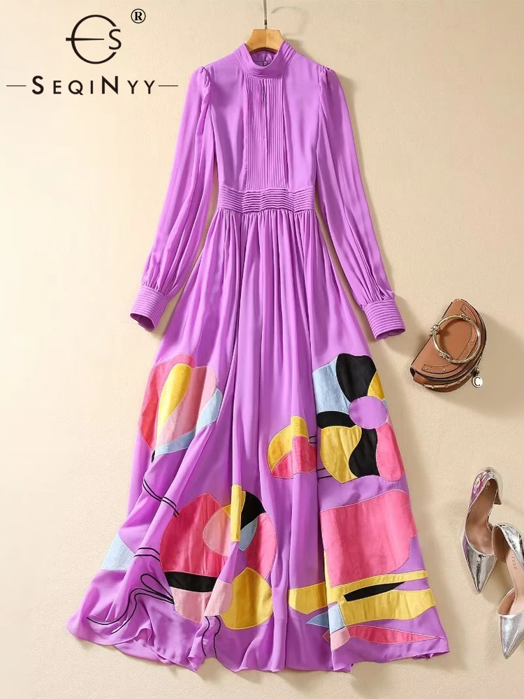 

SEQINYY Purple Midi Dress Summer Spring New Fashion Design Women Runway High Street Vintage Velvet Flower A-Line Pleated Casual
