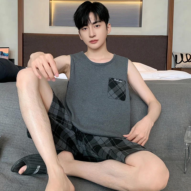 Big Size L-4XL Cotton Nightwear Men Pajamas Set Sleeveless Nightwear Summer O Neck Shorts Homewear pijama hombre