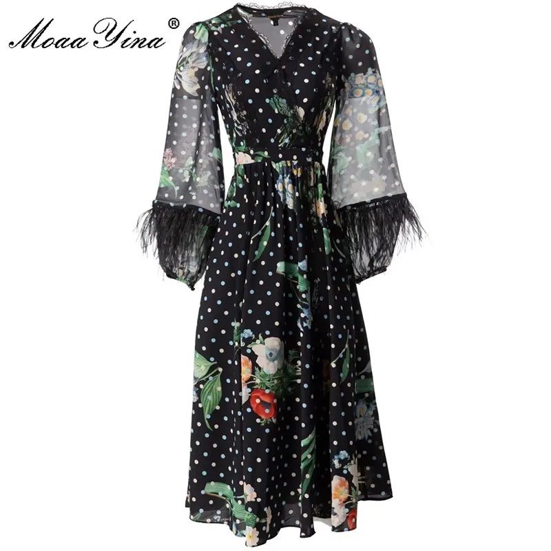 

MoaaYina Fashion Designer Summer Women's V-Neck Lace Long Sleeve Wave Point Flower Printing Feather Elegance Dresses