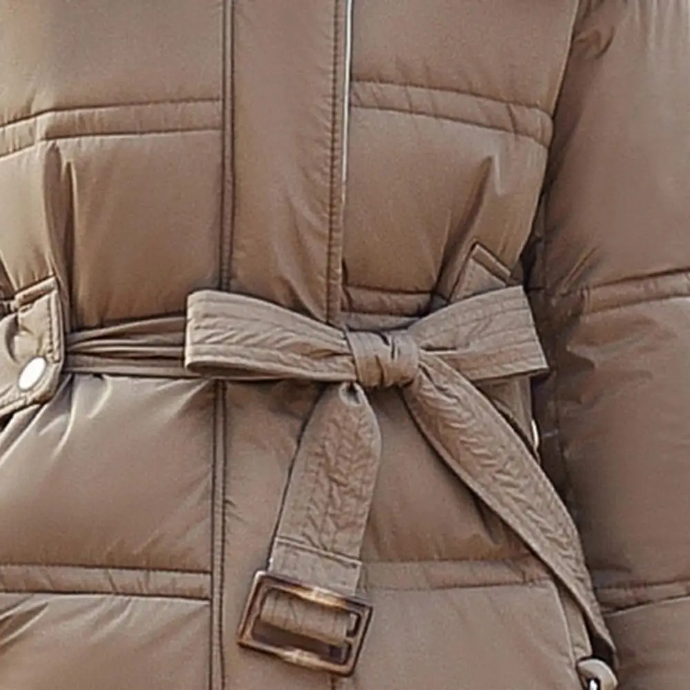 Winter Women Long Parkas Solid Colo Neck Hooded Cotton Jacket Pockets Windproof Zipper Closure Padded Outwear