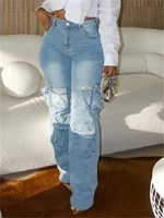 Plus-size women's straight-leg cargo jeans, stylish and versatile, with pockets and a high-waisted stretch design.