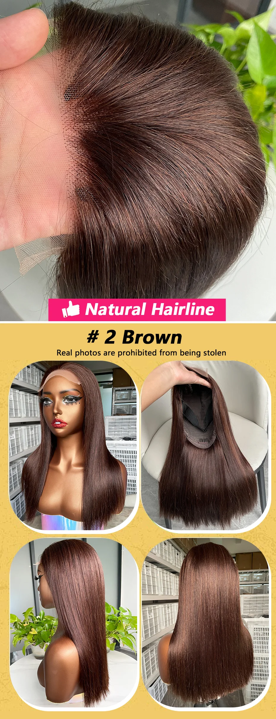 # 2 braune 13x4 13x6 transparente Lace Frontal Bob Perücken, echt 300 Dichte, hochwertige, knochenglatte 5x5 Glueless Perücken, 100% Echthaar – Detail 1