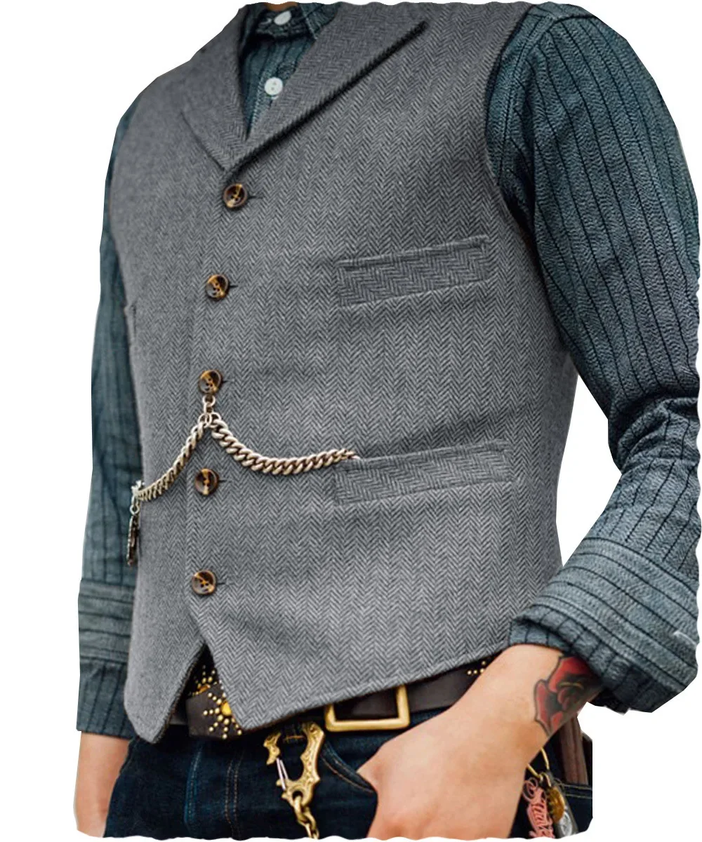 Wool Tweed Men's Suits Vest for Groomsmen Wedding Lapel Casual Slim Business Vests Sleeveless Waistcoat Male Gilet Homme Vests 4