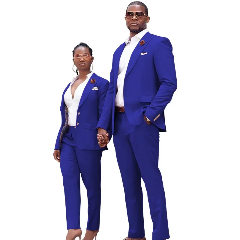 

Blue Latest Couple Suits Design Mens Women Suits Groom Tuxedos Peaked Lapel Men' Suits Groomsmen Tuxedos Blazer(Jacket+Pant)
