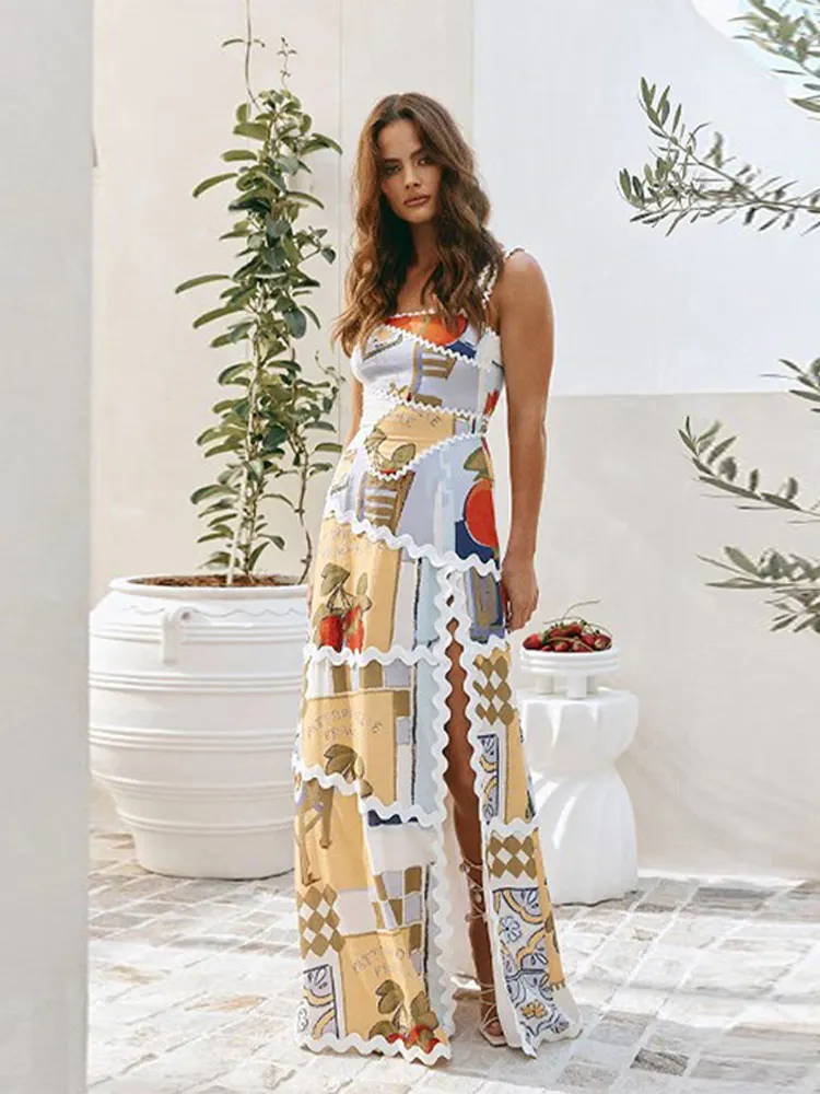 

Women Floral Print Split Dress Fashion Spaghetti Strap Sleeveless Backless Dresses 2024 Summer Sexy Street Club Party Vestidos