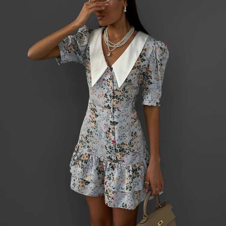 Printed Ruffled V-Neck Mini Dress Female Short Sleeve Fashion Slim High Waist Elegant Party Dress Women's Summer Dress New