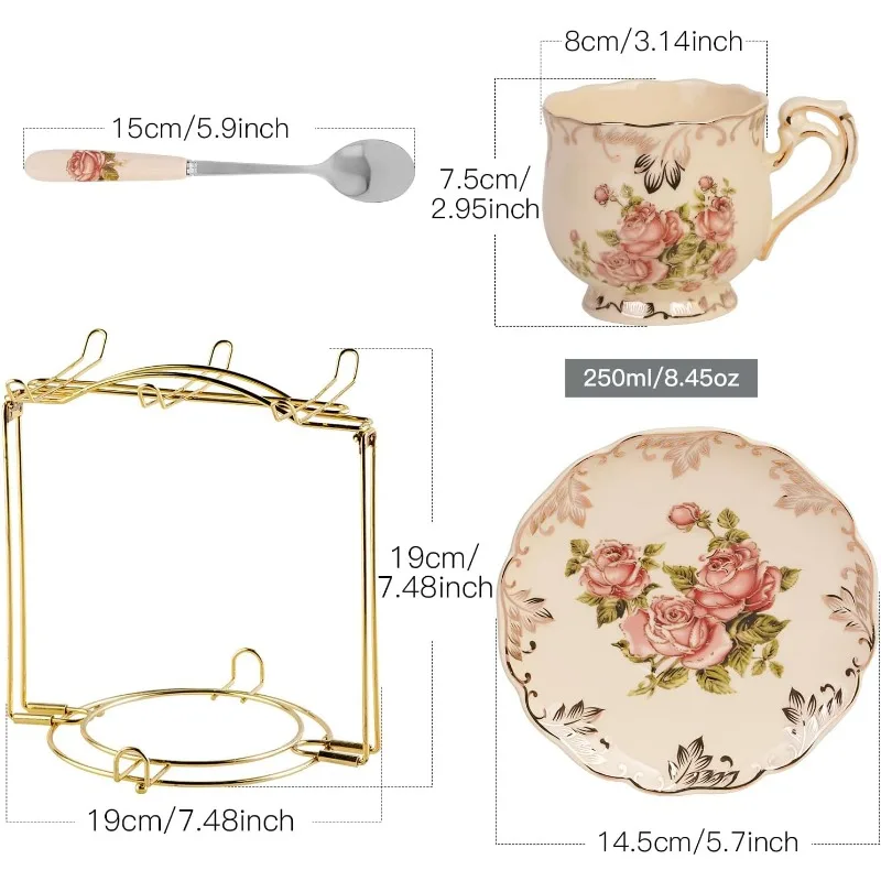 Tea Cups and Saucers Set of 6, 8 Oz Vintage Floral Porcelain Tea Cups Set, Coffee with Golden Rack