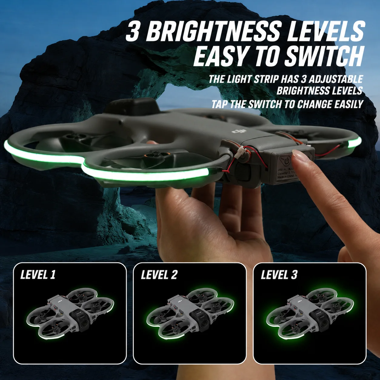Détail de la bande lumineuse LED 360° pour DJI Avata, montrant les LED multicolores et le support de fixation.