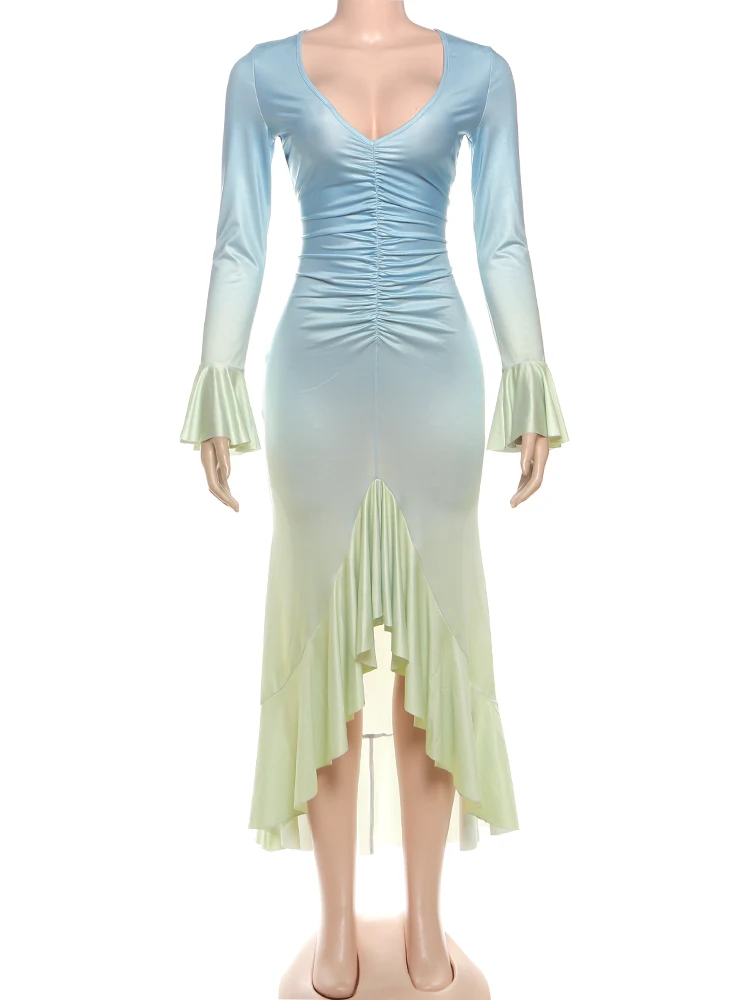 Nibber Low-Neck Sexy Gradient Dress Women Y2K Elegant Folds Split Ruffles Full Sleeve Party Banquet High Stretch Skinny Vestidos