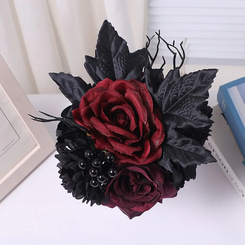 Bouquet da sposa gotici neri e bordeaux per damigelle, fiori artificiali in seta e schiuma, decorazione per la casa, studio fotografico per matrimoni - Image 2