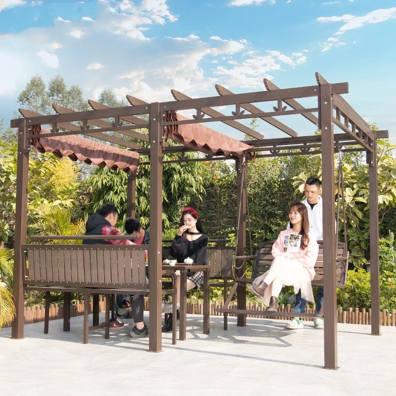 Aluminum Alloy Garden Pavilion with Grapevine, Simple Outdoor Sun and Rain Shelter, Durable Wooden Swing Pavilion for Courtyard