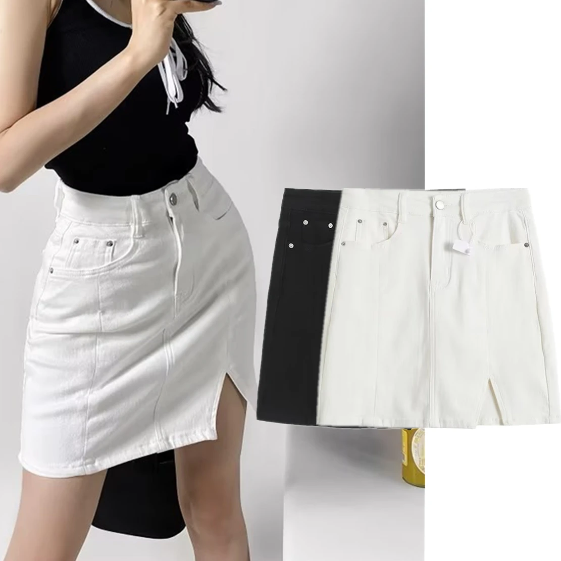 

Withered Fashion Ins Blogger High Waist Denim Skirt Fashion Sexy Forking Mini Skirt Women