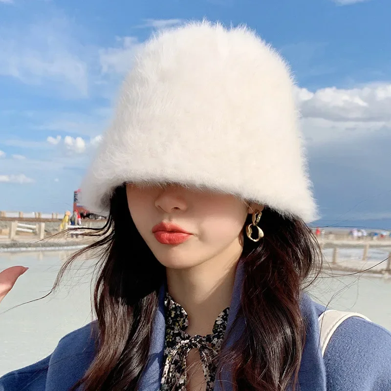 

Fashion Woman's Faux Rabbit Fur Winter Bucket Hat Ladies Outdoor Sports Warmer Fisherman Cap Ladies Solid Autumn Cap