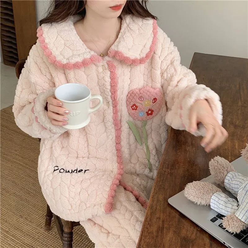 2024 New Coral Fleece Pajamas Women's Autumn Winter Sleepwear Fleece Thickened Warm Homewear Flannel Doll Collar Loungewear Set