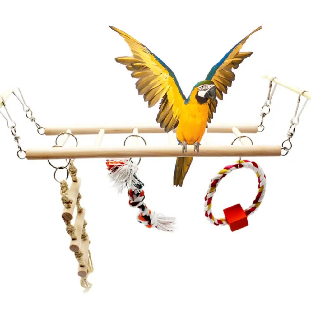 Hanging Pet Cage Wood Parrot Climbing Ladder Bridge Swing Ring Rope Knot Bird Decor Suspension Bridge Suspended Aerial Ladder