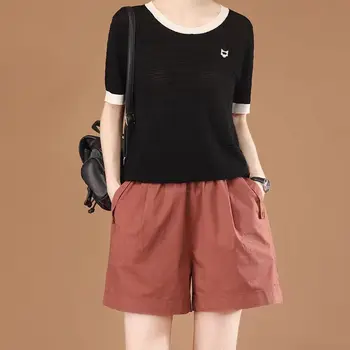 Pantaloni a gamba larga larghi e larghi a vita alta Pantaloncini a trapezio casual a tre quattro punti per donna 1