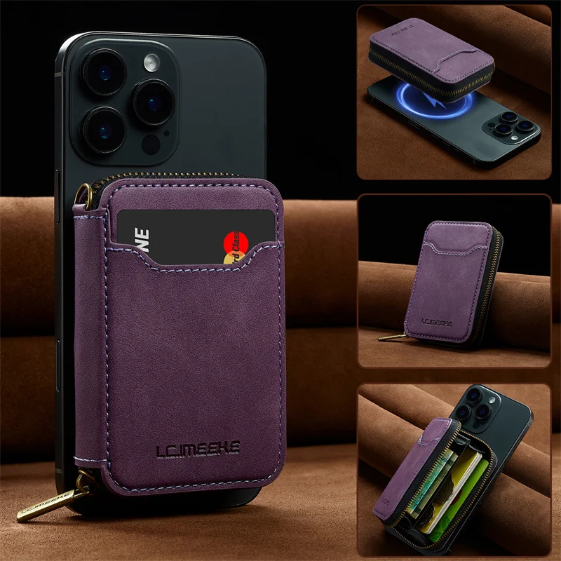 Luxurious MagSafe Magnetic Leather Flip Wallet Phone Case with Zipper Card Holder