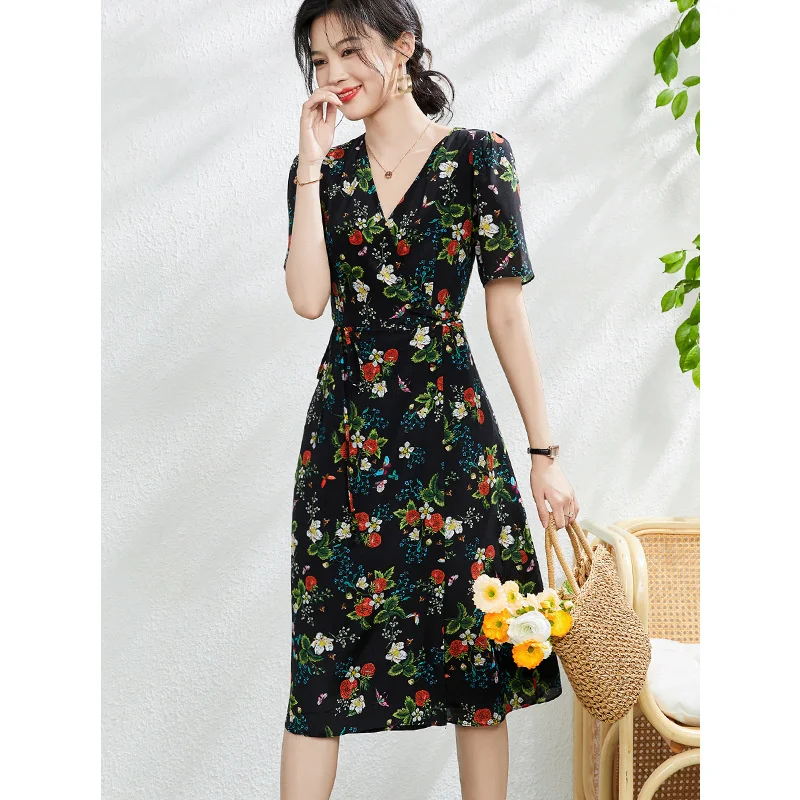 

Mulberry Silk Dress Women 2023 New French Style Fashion Silk Long Dress Floral Flower Wrapped Hip silk dress 23E017