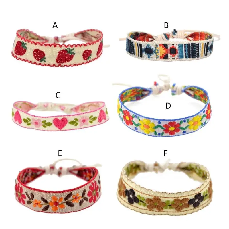 Boho Strawberry Flower Embroidered Bracelet Handmade Braided Bracelet Friendship Wrap Bracelets Thread Woven Wristbands