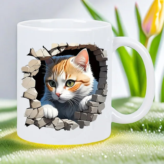 Whimsical Cat Escape White Ceramic Mug with Adorable Kitten Design - Artistic Novelty & Tea Cup, Dishwasher Safe (for hand washi