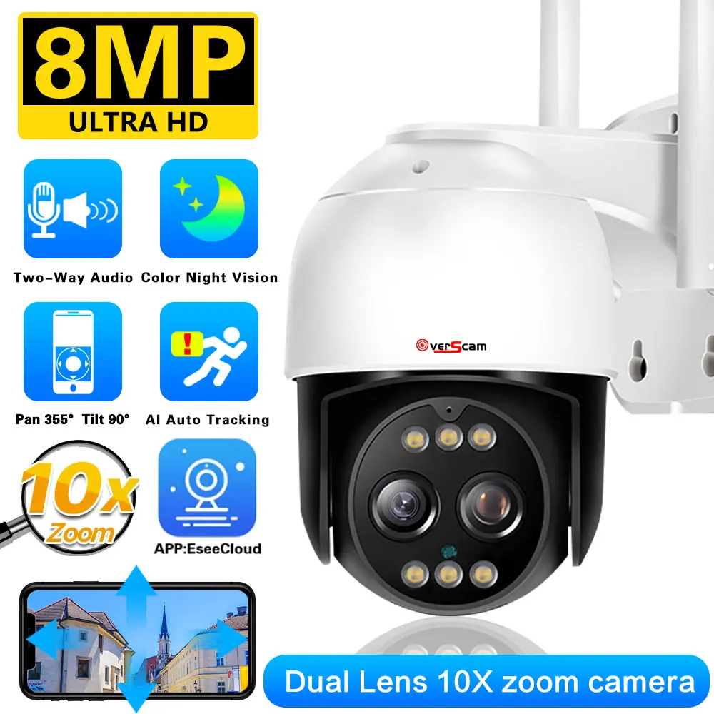 

Камера видеонаблюдения HD, 8 Мп, Wi-Fi, PTZ, двойной объектив