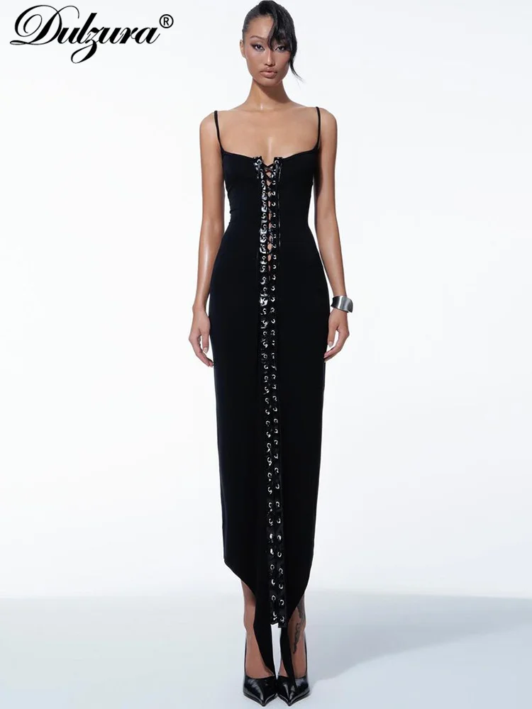 

Dulzura Fashion Sexy Spaghetti Strap Midi Dress Sleeveless Backless Bodycon Eyelet Dresses Women Clothes Party Club Streetwear