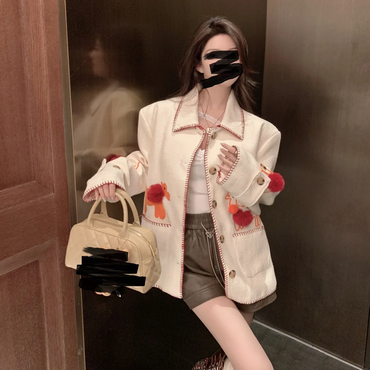 Embroidered heavy work hemp felt jacket, small fragrant style jacket, 2023 autumn new college style