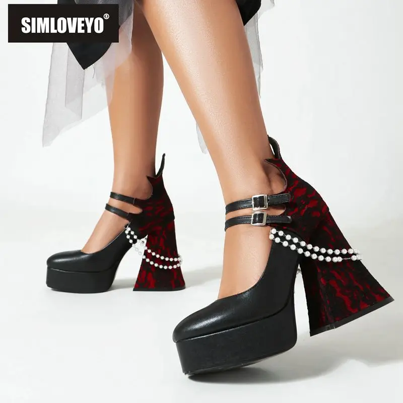 

SIMLOVEYO модные женские туфли-лодочки на высоком массивном каблуке 12 см на платформе с двумя ремешками с пряжкой женские сексуальные туфли для вечеринки 42 43
