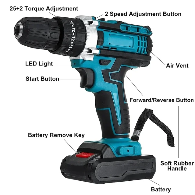 Gisam Battery Impact Screwdriver Multifunctional Cordless Drill Power Tool 25+3 Torque Setting 2 Gear Speed Electric Screwdriver 4