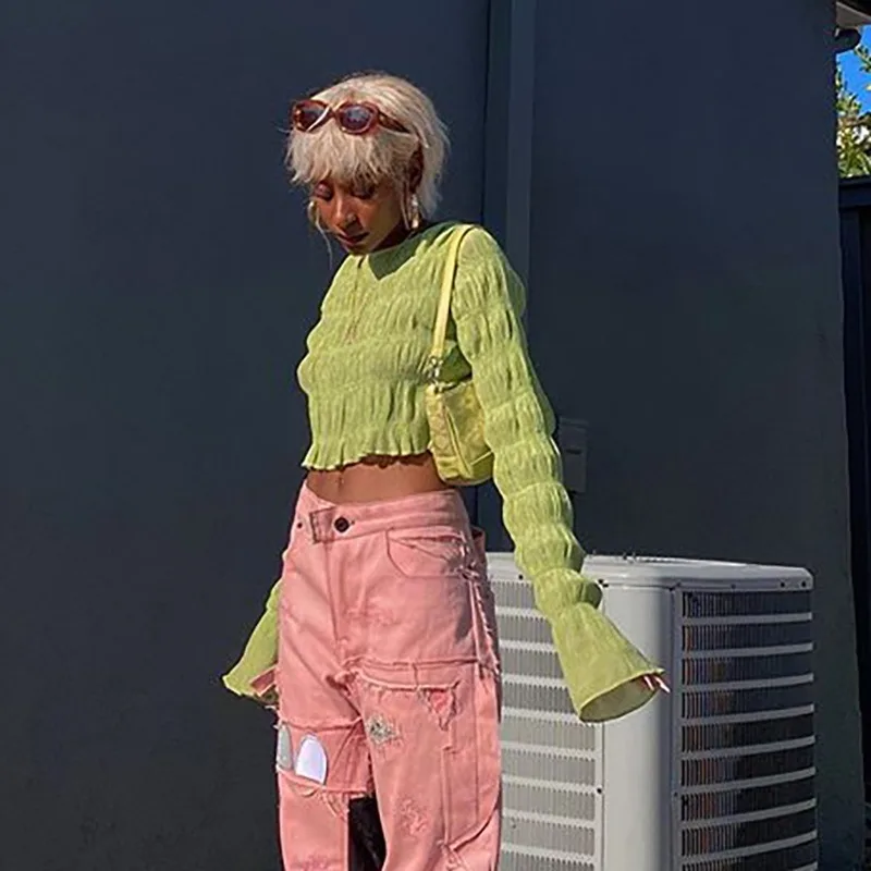 

Harajuku Tops Y2k Green Spring Summer New Women Korean Fashion Pleated O Neck Long-sleeved Sreetwear Sexy Crop Top Shirring 2023