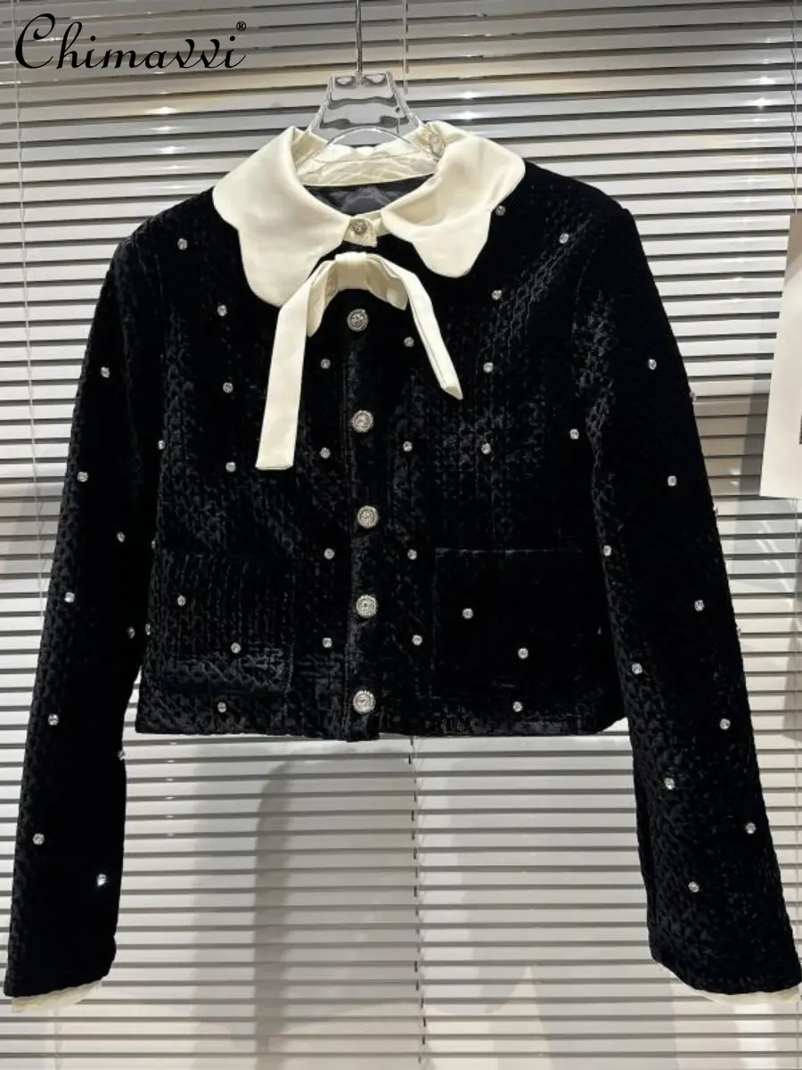

Spring Autumn New Rhinestone Bow Collar Velet Compressed Cotton Short Coat Women 'S Round Neck Neck Long Sleeve Commter Jacket