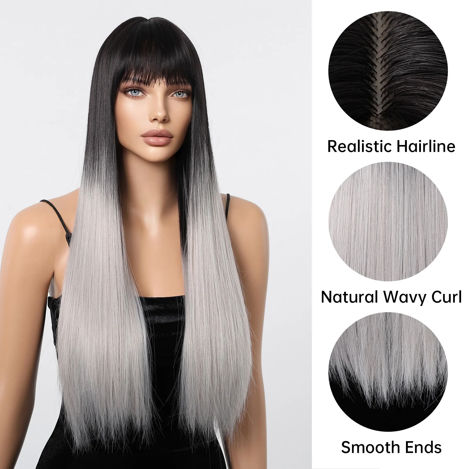 32” BLACK & SILVERISH GREY SPLIT DYE Cosplay wig Black and White Split Dye Wig - Etsy main image 3